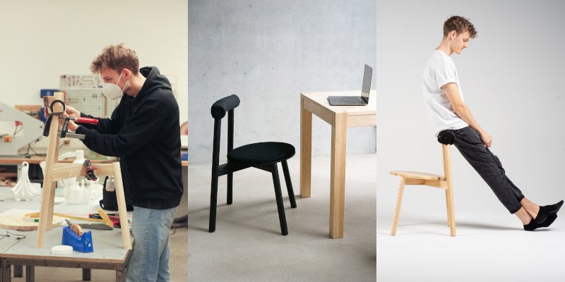 Moritz Walter entwarf den Stuhl speziell fürs Homeoffice (Bilder: li. privat, mitte und re. Moritz Walter).