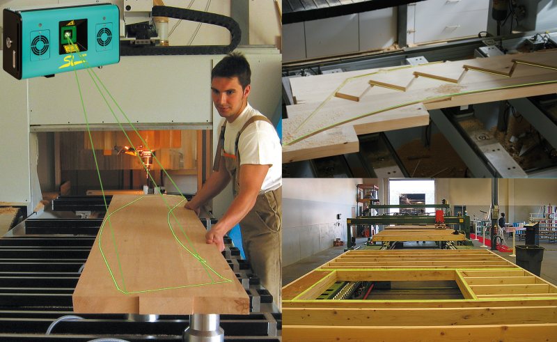 Die Laser dienen als Rüsthilfe für CNC-Oberfräsen und für die Bereiche Holzrahmenbau, Nagelbinder und Leimbinder (Bild: SL-Laser).