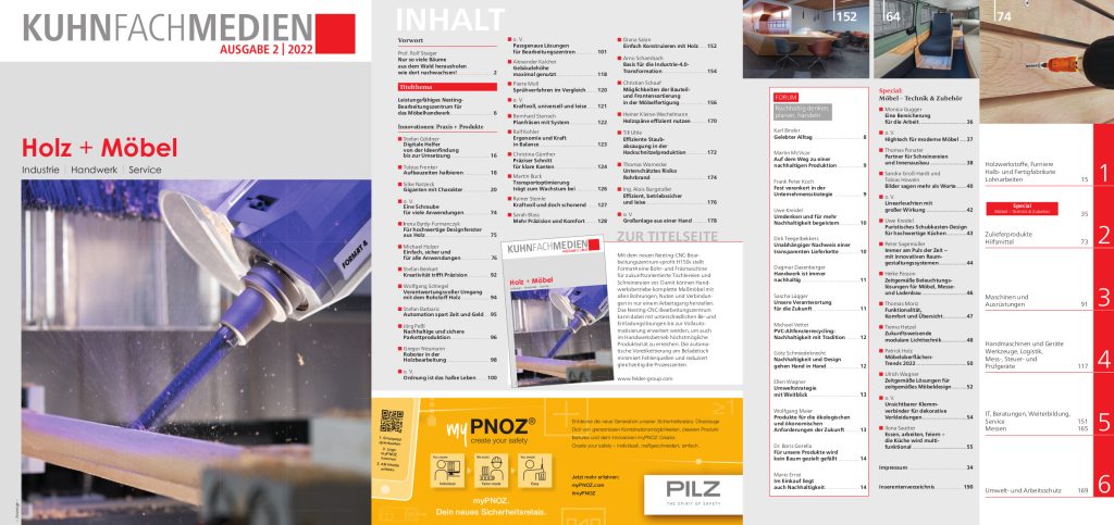Titelseite und Inhaltsverzeichnis der 2022er-Ausgabe Holz + Möbel.