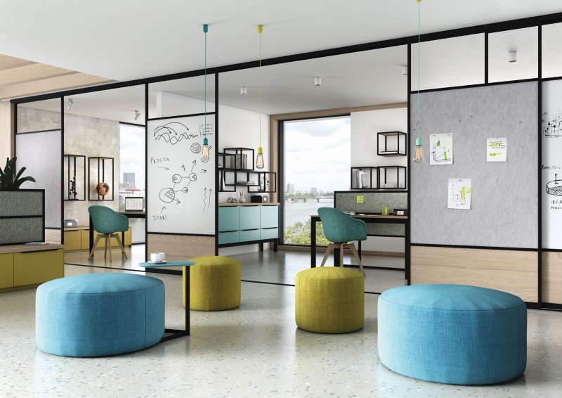 Das Raumgestaltungssystem bietet kreative und individuelle Gestaltung vieler Räume, hier zum Beispiel von Büroräumen (Bild: Schüco Alu Competence).
