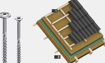 Mögliche Einsatzbereiche für Holzschrauben bei der Aufsparrendämmung: Verbindung einer 30 mm dicken Traglatte auf eine 40 mm dicke Konterlatte (1) und Befestigung einer Aufsparrendämmung (2) (Bild: Ejot).