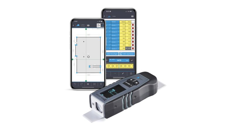 Die gemessenen Daten werden via Bluetooth vom Laser-Entfernungsmesser in die Aufmaß-App übertragen (Bild: Solaflex).