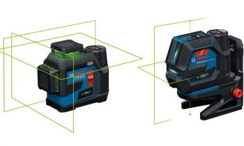 Der neue 360°-Linienlaser und der neue Kombilaser können per Akku oder AA-Batterien betrieben werden (Bild: Bosch).