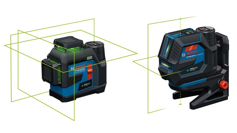 Der neue 360°-Linienlaser und der neue Kombilaser können per Akku oder AA-Batterien betrieben werden (Bild: Bosch).