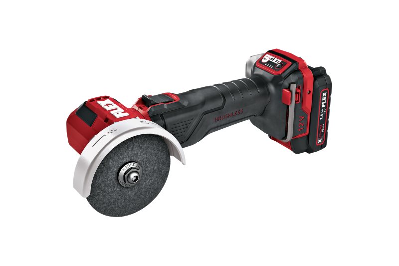 Der kompakte 12-V-Winkelschleifer verfügt über einen bürstenlosen Motor. Der drehbare Kopf vereinfacht den Wechsel zwischen Trenn- und Schleiffunktion (Bild: Flex).