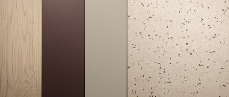 »Colour Connections«: Oft sind es Materialoptiken mit farbigen Elementen, die eine Verbindung zu farbigen Unis in den Gestaltungen herstellen und mit neutralen Hölzern und Unis zusammenfließende Übergänge schaffen (Bild: Egger).