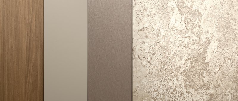 »Harmonious Connections«: Vier sehr verschiedene Materialoptiken, wie hier Nussbaum, Crossed Metall, Granit und Uni, können über ähnliche Farbigkeiten zwischen warmgrau und braun eine harmonische Verbindung eingehen (Bild: Egger).