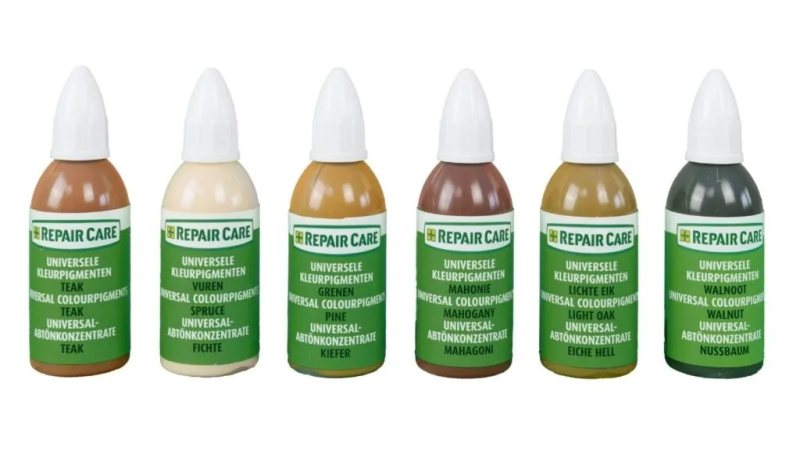 Die sechs gängigen Holzfarbtöne erlauben eine genaue Abstimmung bei Holzreparaturen (Bild: Repair Care).