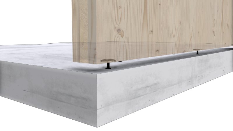 Ohne Ausgleichsplättchen sichert die Montagehilfe eine präzise Montage des ersten Bauteils an die Betonbodenplatte (Bild: Sihga).