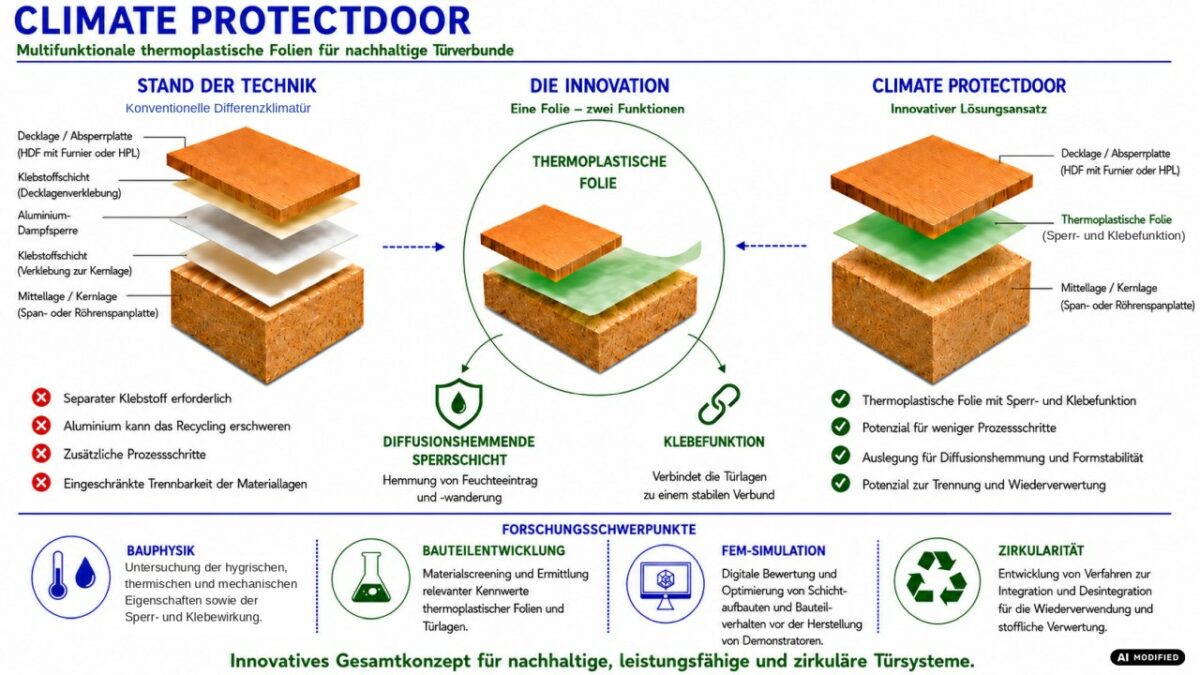 Übersicht über die Kerninhalte des Projekts »climate protectdoor« (Bild: IHD/KI-generiert).