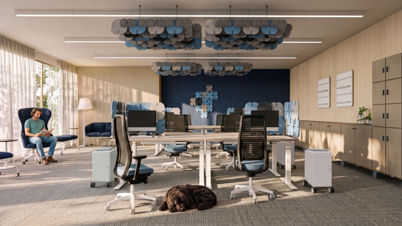 Akustikelemente aus PET für Tisch, Wand, Decke und freie Raumstrukturen (Bild: König + Neurath).