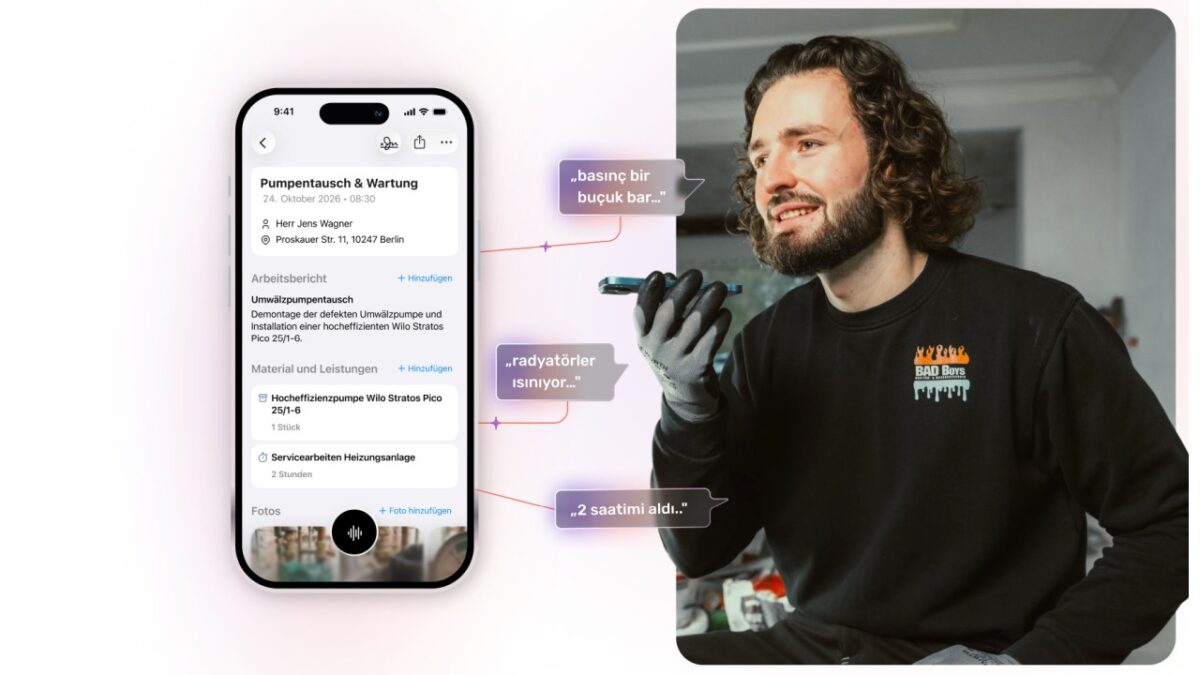 Die KI-gestützte App erstellt aus mehrsprachigen Spracheingaben und Fotos strukturierte Arbeitsberichte für Handwerksbetriebe (Bild: ToolTime).